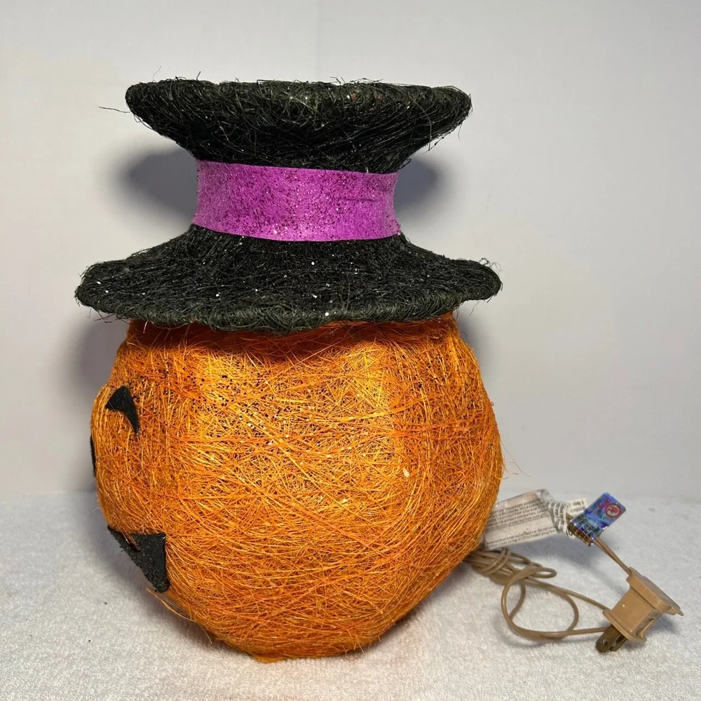Halloween Lighted Sisal Pumpkin Jack-O-Lantern with Top Hat Decor 10.5in